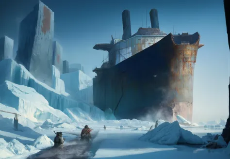 escimo gazes up at a colossal icebreaker ship that is captured in ice. The scene unfolds with meticulous attention to detail: the imposing size of the ship looming. This mesmerizing photograph radiates with vivid colors and sharp contrast. the atmosphere is depressing with no hope for rescue. The high resolution of the image accentuates every intricate element, from the intricate ice to rust on the ice breaker ship. the escimo is staring at the desolated ship. Wide range of colors., Dramatic,Dynamic,Cinematic,Sharp details Insane quality. Insane resolution. Insane details. Masterpiece. 32k resolution.detailxl