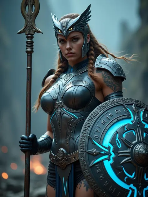 A muscular, athletic female warrior stands tall, wearing intricately detailed, photorealistic armor that seamlessly fuses elements of Greek and Nordic mythology with futuristic technology, adorned with high-contrast, metallic owl emblem in honor of Athena. Her armor, made from reflective chrome and iridescent metals, features intricate, glowing blue circuitry and ancient runes, blending ancient elegance with cybernetic upgrades. Her fierce, determined gaze peers from beneath a futuristic, winged helmet, her braided hair blowing in the wind, with strands framing her face. She stands in a low, combat-ready stance against a dramatic, stormy backdrop, with intense, cinematic lighting highlighting her glowing spear and high-tech shield, emphasizing her strength and power.