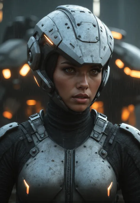 cinematic film still portrait of a solo female mech pilot standing in front of her (large combat mech:1.3), scifi armor, military base, heavy rain, full scifi helmet, visor, detailed eyes, dry skin, skin fuzz, visible skin hair, skin blemishes
,, shallow depth of field, vignette, highly detailed, high budget Hollywood film, bokeh, cinemascope, moody, epic, gorgeous, film grain ,caldariflux