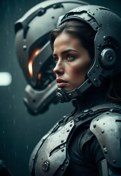 cinematic film still portrait of a solo female mech pilot standing in front of her (large combat mech:1.3), scifi armor, military base, heavy rain, full scifi helmet, visor, detailed eyes, dry skin, skin fuzz, visible skin hair, skin blemishes
,, shallow depth of field, vignette, highly detailed, high budget Hollywood film, bokeh, cinemascope, moody, epic, gorgeous, film grain