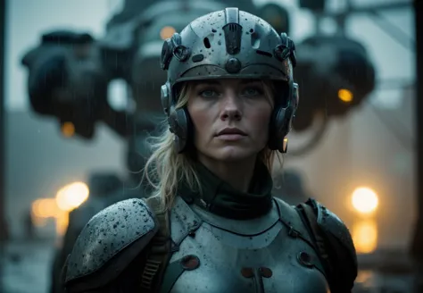 cinematic film still portrait of a solo female mech pilot standing in front of her (large combat mech:1.3), scifi armor, military base, heavy rain, full scifi helmet, visor, detailed eyes, dry skin, skin fuzz, visible skin hair, skin blemishes
,, shallow depth of field, vignette, highly detailed, high budget Hollywood film, bokeh, cinemascope, moody, epic, gorgeous, film grain ,caldariflux