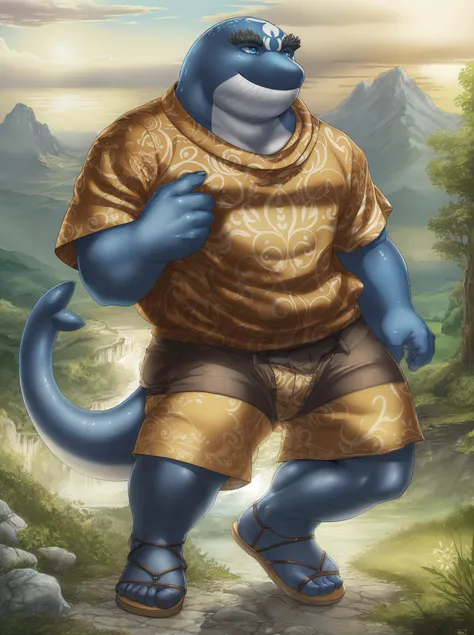 (by dreiker), a full body view of an anthro muscular (living inflatable) ((tobi-kadachi)) looking at the viewer, in ((tribal clothing)), nipples, male, standing, bulge, big bulge, balls, penis, loincloth, bone necklace, armbands, nipple piercing, feet, big feet, large feet, padded feet, countershade feet, plantigrade, humanoid feet, 2 toes, 2 big toes, hands, 4 fingers,