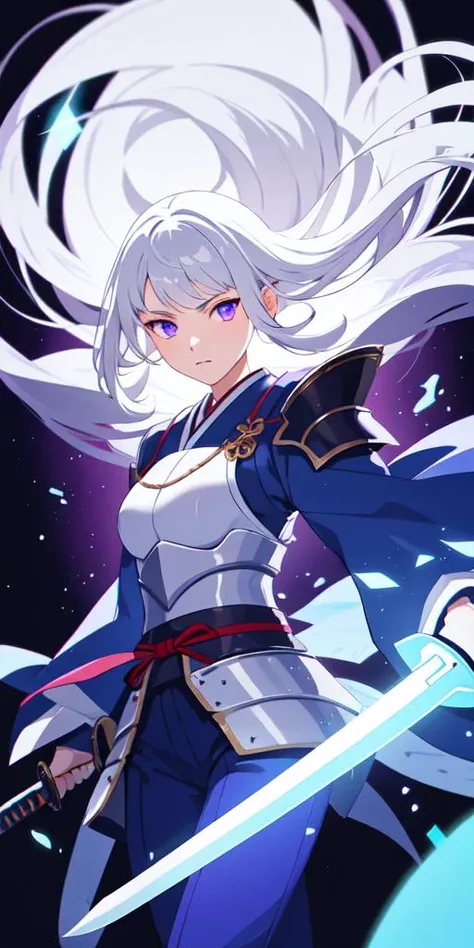 1girl, japanese armor, white hair, purple eyes, sword, ((holding sword)), blue flames, glowing weapon, light particles, wallpaper, chromatic aberration