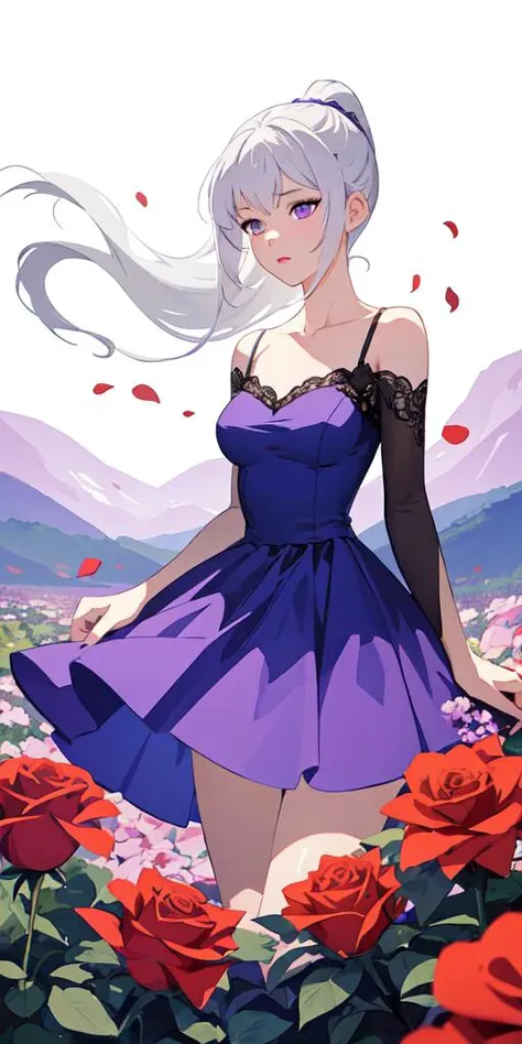 1girl, ponytail ,white hair, purple eyes, (dress:1.3), medium breasts, collarbone, flowers and petals, (illustration:1.1), (perfect details:1.1), landscape, background, rose, abstract,