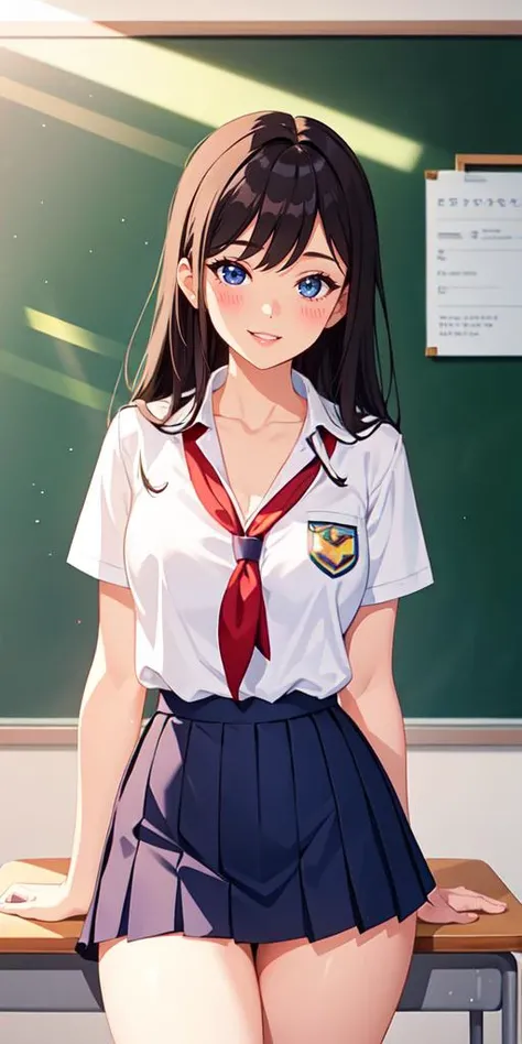 1girl, long hair, parted lips, blush, makeup, light smile, school uniform, classroom, light rays, glow, thighs, collarbone, narrow waist, (masterpiece), wallpaper