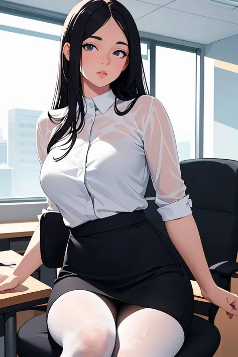 (masterpiece, best quality), a young black haired girl office secretary dressed in a transparent white blouse and black office skirt and black pantyhose ,sitting in an office chair, holding pencil, (detailed skin:1.3),(detailed eyes), (sharp focus),