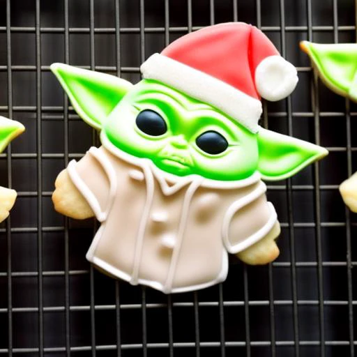 xmascookie yoda in a santa hat, on a cooling rack