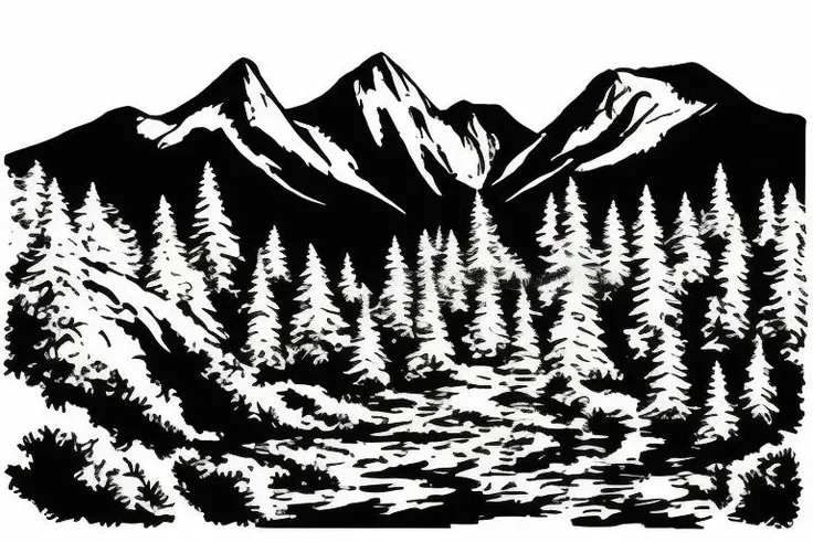 silz style, simple, black and white, silhouette, vector, solid background, trees at the base of a mountain range, jagged cliffs, high peaks, low valleys, sharp lines