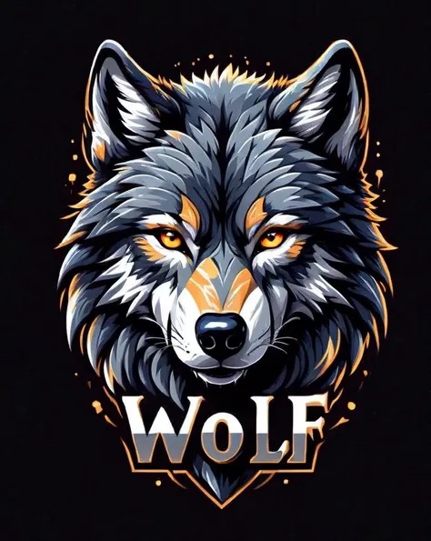 Wolf t-shirt design, text logo: WOLF, flat colors, black background, <lora:Harrlogos_v1.1:1> <lora:last:1>