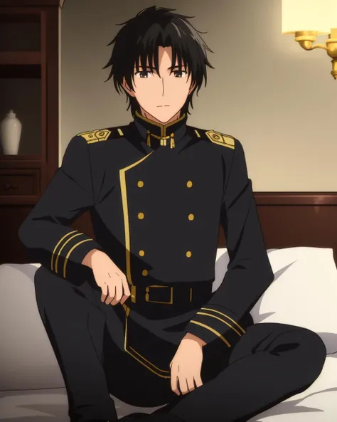 ((masterpiece)), (( best quality)), willem, 1boy, solo, male focus, black hair, solo, military, uniform, black pants, black eyes, jacket, black jacket, closed mouth, full body, <lora:Willem-anylora:0.8>