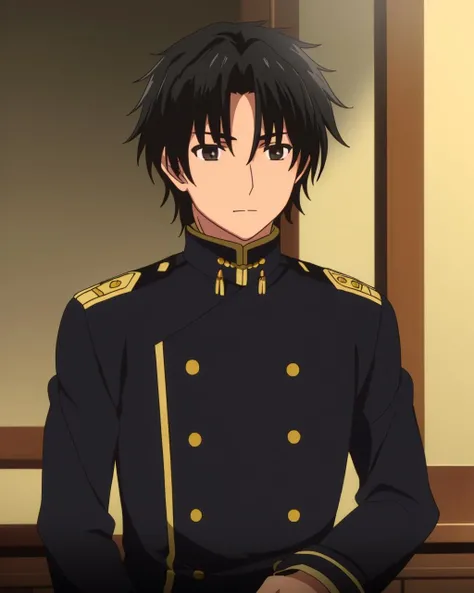 ((masterpiece)), (( best quality)), willem, 1boy, solo, male focus, black hair, solo, military, uniform, black pants, black eyes, jacket, black jacket, closed mouth, upper body, <lora:Willem-anylora:0.8>