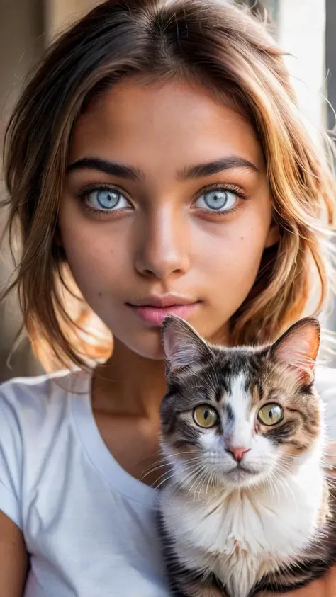 closeup, beautiful girl, random face, random ethnicity and hair color, white T-Shirt, (cute cat with adorable eyes, random breed), photo, photography