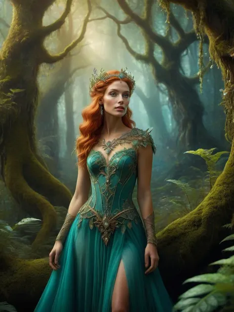 award-winning photography of a beautiful woman, in an enchanted, whimsical forest, intricate details, concept art fantasy style, sharp focus