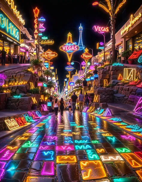 sparkle, shimmer, glitter, wide angle view, glow lines, highly detailed, vibrant colors, vegas downtown, 8k, signs, lights, neon, people walking, cobblestone road,