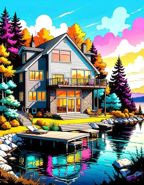 ink sketch outline, drawing, cartoon, illustration, minimal, vibrant powder colors lakehouse scene, 8k, extremely detailed, radiant,