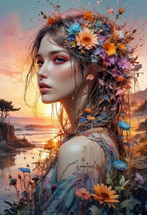 <(Digital watercolor Illustration of a summerscape sunset, by JB, Waterhouse, Carne Griffiths, Minjae Lee, Ana Paula Hoppe, Stylized watercolor art, Intricate, Complex contrast, HDR, Sharp, soft Cinematic Volumetric lighting, flowery pastel colours, wide long shot, perfect masterpiece:):1.0>, <(detailed matte painting, deep color, fantastical, intricate detail, splash screen, complementary colors, fantasy concept art, 8k resolution trending on Artstation Unreal Engine 5):0.9>