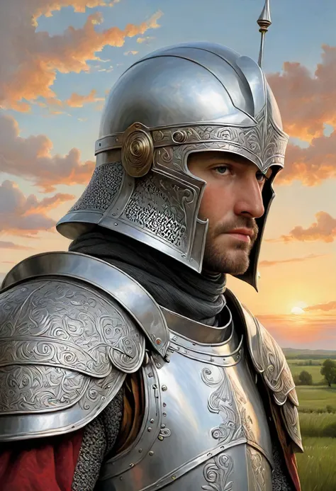 detailed elaborate portrait of Templar Knight in medieval armor, art by Gustave Dore and Leonardo da Vinci and Raphael and Random Painter and Greg Rutkowski and Roberto Ferri, style by fusion of Renaissance and Baroque and Neoclassicism, (((eye contact, looking at viewer))), face expression of Serene Tranquility and Compassionate Empathy, (simple elegant modest outfit), epic spring landscape with sunset cloudscape, (closeup shot), elaborate classic oil painting, highly aesthetic artistic masterpiece, sharp intricate details, dreamy and ethereal, realism combined with symbolism, dreamlike and surreal