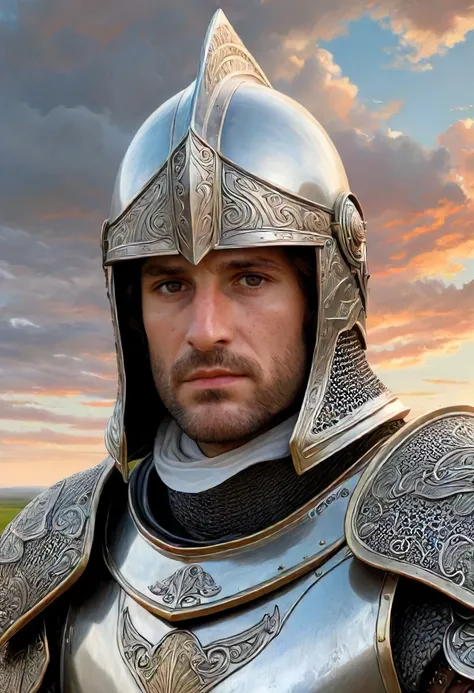 detailed elaborate portrait of Templar Knight in medieval armor, art by Gustave Dore and Leonardo da Vinci and Raphael and Random Painter and Greg Rutkowski and Roberto Ferri, style by fusion of Renaissance and Baroque and Neoclassicism, (((eye contact, looking at viewer))), face expression of Serene Tranquility and Compassionate Empathy, (simple elegant modest outfit), epic spring landscape with sunset cloudscape, (closeup shot), elaborate classic oil painting, highly aesthetic artistic masterpiece, sharp intricate details, dreamy and ethereal, realism combined with symbolism, dreamlike and surreal