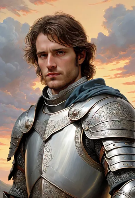 detailed elaborate portrait of Templar Knight in medieval armor, art by Gustave Dore and Leonardo da Vinci and Raphael and Random Painter and Greg Rutkowski and Roberto Ferri, style by fusion of Renaissance and Baroque and Neoclassicism, (((eye contact, looking at viewer))), face expression of Serene Tranquility and Compassionate Empathy, (simple elegant modest outfit), epic spring landscape with sunset cloudscape, (closeup shot), elaborate classic oil painting, highly aesthetic artistic masterpiece, sharp intricate details, dreamy and ethereal, realism combined with symbolism, dreamlike and surreal