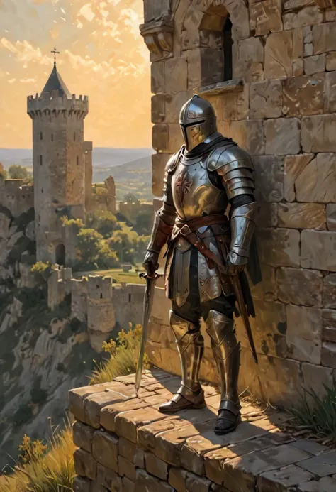 Medium: Oil on canvas, richly textured with impasto brushstrokes, evoking a sense of weathered stone and worn armor. Scene: A lone Templar Knight stands vigil on the battlements of a majestic castle. Sunlight bathes the scene in a golden glow, casting long shadows across the ramparts. Below, a rolling landscape stretches out, dotted with distant villages and winding rivers. The Knight: His polished armor gleams in the sunlight, emblazoned with the iconic Templar cross. Weathered features, etched with the lines of experience, speak of years spent in service. His gaze is fixed on the horizon, a stoic expression masking the vigilance beneath. A worn sword rests at his side, a reminder of his readiness to defend his ideals.
