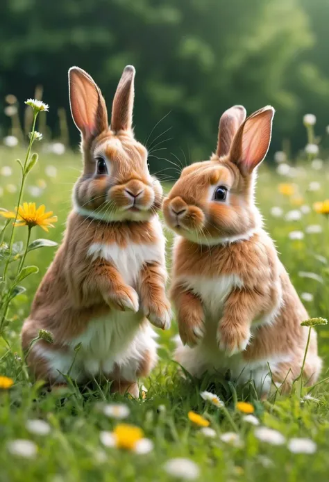 playful bunnies in summer meadow, closeup