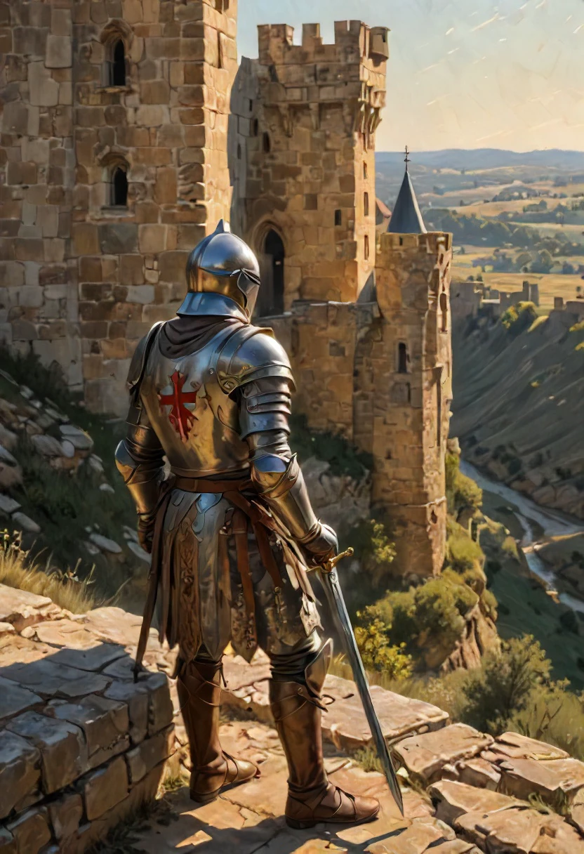 Medium: Oil on canvas, richly textured with impasto brushstrokes, evoking a sense of weathered stone and worn armor. Scene: A lone Templar Knight stands vigil on the battlements of a majestic castle. Sunlight bathes the scene in a golden glow, casting long shadows across the ramparts. Below, a rolling landscape stretches out, dotted with distant villages and winding rivers. The Knight: His polished armor gleams in the sunlight, emblazoned with the iconic Templar cross. Weathered features, etched with the lines of experience, speak of years spent in service. His gaze is fixed on the horizon, a stoic expression masking the vigilance beneath. A worn sword rests at his side, a reminder of his readiness to defend his ideals.