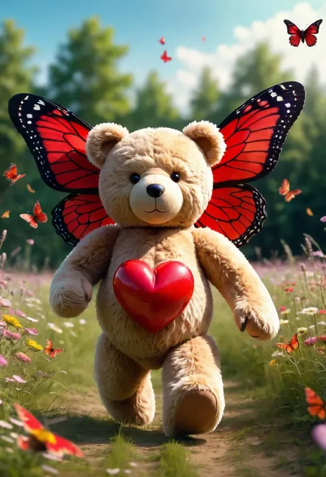 teddy bear with big red heart on the center of his chest is running towards the camera and viewer, enormous huge butterflies are flying around him, summer meadow, medium shot