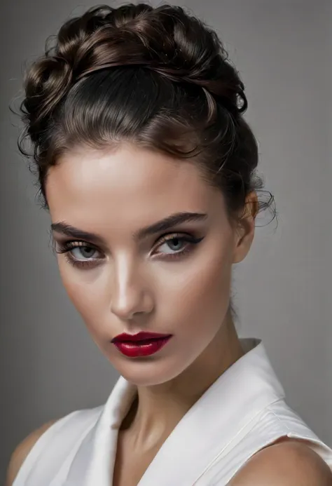 high fashion photography of (extreme closeup:1.5) beautiful photo-model as a ((fashion model)) with ((twisted updo)) studio, no visible clothing solid dark relaxed posture eye-level angle elegant pose, (front view:1.3), shot on Olympus Tough TG-6 with Built-in 4.5-18mm f-2-4.9 photo by Hans Bellmer