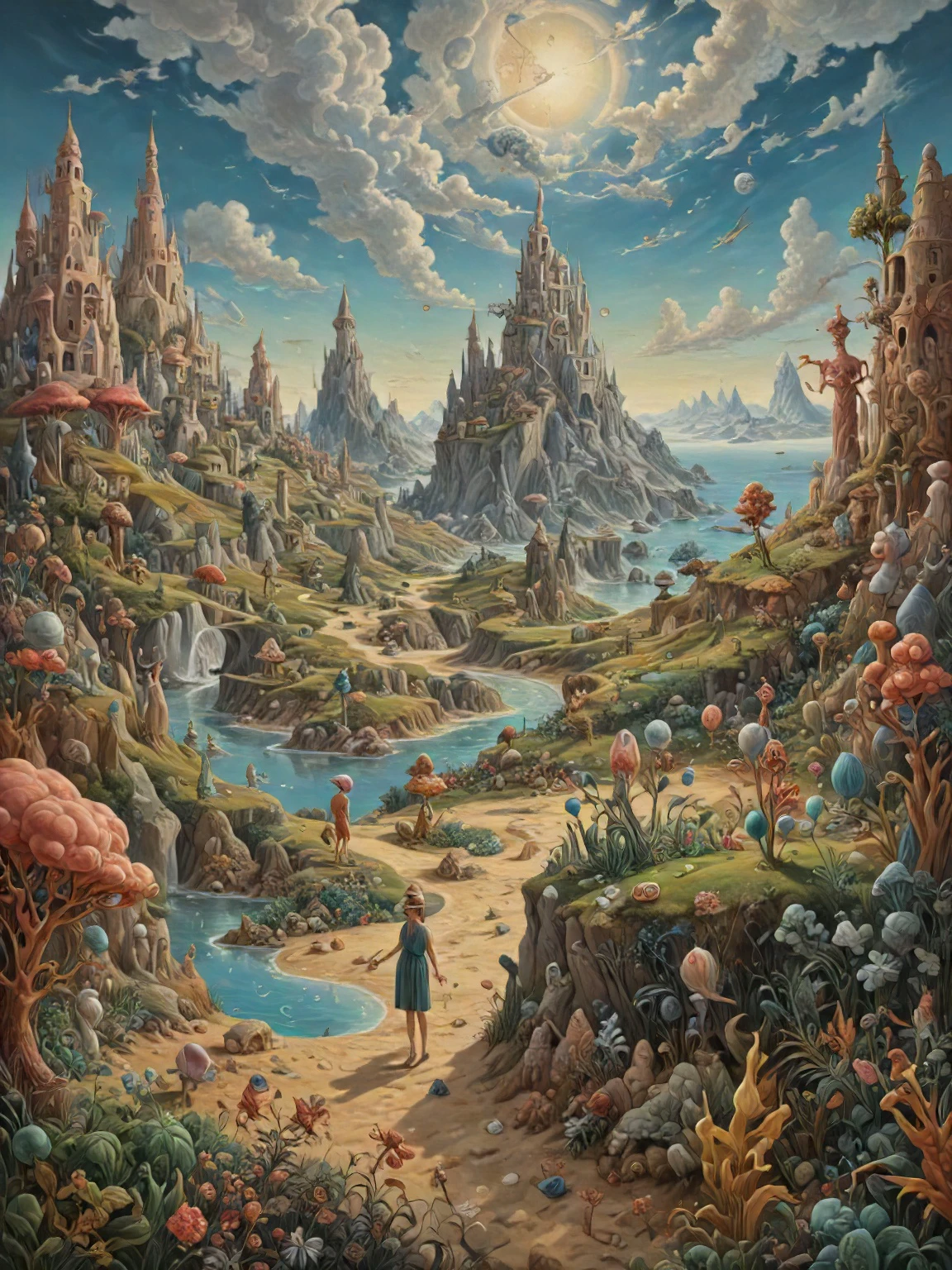 Surrealism Painting, a human figure on a whimsical mystical landscape, art by Breton and Carrington and Dal and Ernst and Fini and Magritte and Oppenheim and Picasso, intricate details, oil on canvas, octane render, 4k, trending on artstation