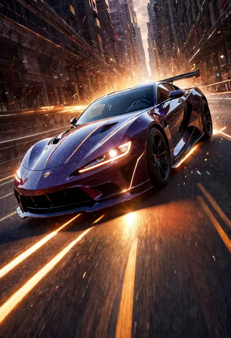 a sci-fi sportscar passing by,  light speed, flash, motion trail, a shining star (sun) in the background, motion blur, epic visual effects, interstellar, flow, detailed, sci-fi, star blast, dark vibrant colors, cosmic art, stars in background, cinematic scene, lens flare, god rays, glow, art of Doug Chiang and John Park, glowing neon, glowing, sparks, lightning, dramatic lighting