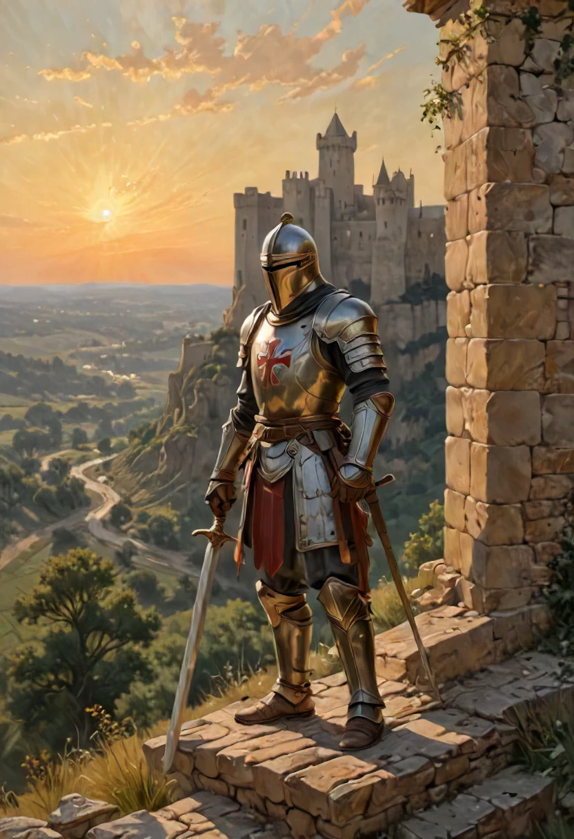 Medium: Oil on canvas, richly textured with impasto brushstrokes, evoking a sense of weathered stone and worn armor. Scene: A lone Templar Knight stands vigil on the battlements of a majestic castle. Sunlight bathes the scene in a golden glow, casting long shadows across the ramparts. Below, a rolling landscape stretches out, dotted with distant villages and winding rivers. The Knight: His polished armor gleams in the sunlight, emblazoned with the iconic Templar cross. Weathered features, etched with the lines of experience, speak of years spent in service. His gaze is fixed on the horizon, a stoic expression masking the vigilance beneath. A worn sword rests at his side, a reminder of his readiness to defend his ideals.