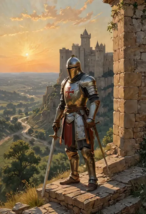 Medium: Oil on canvas, richly textured with impasto brushstrokes, evoking a sense of weathered stone and worn armor.  Scene: A lone Templar Knight stands vigil on the battlements of a majestic castle. Sunlight bathes the scene in a golden glow, casting long shadows across the ramparts. Below, a rolling landscape stretches out, dotted with distant villages and winding rivers.  The Knight: His polished armor gleams in the sunlight, emblazoned with the iconic Templar cross. Weathered features, etched with the lines of experience, speak of years spent in service. His gaze is fixed on the horizon, a stoic expression masking the vigilance beneath. A worn sword rests at his side, a reminder of his readiness to defend his ideals.