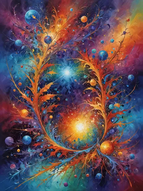 cosmic fractal reality, ((surreal abstract art)), expressionist oil painting, mystical and whimsical and magical world, bold brushstrokes, bright palette, vivid colors, perfect rule of thirds composition, very sharp