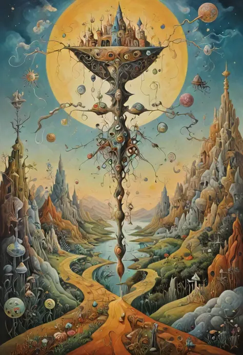 (Surrealism and Abstract Oil Painting:1.25), a human figure on a whimsical mystical landscape, art by Breton and Carrington and Dal and Ernst and Fini and Magritte and Oppenheim and Picasso, intricate details, masterpiece, very artistic, perfect composition