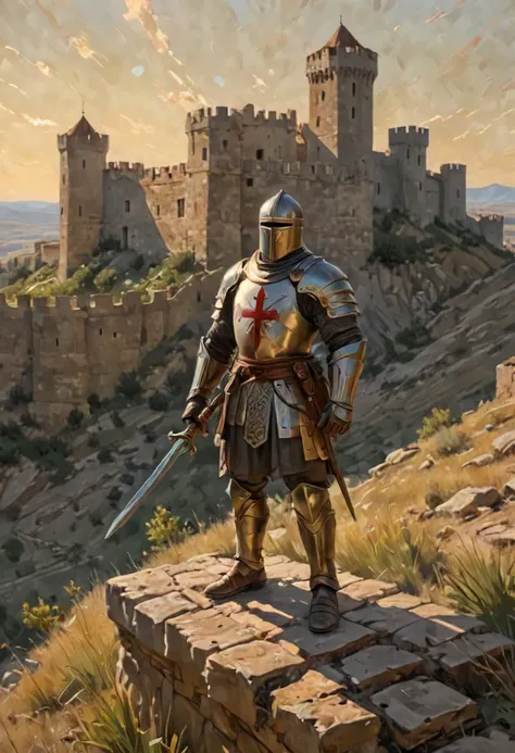 Medium: Oil on canvas, richly textured with impasto brushstrokes, evoking a sense of weathered stone and worn armor. Scene: A lone Templar Knight stands vigil on the battlements of a majestic castle. Sunlight bathes the scene in a golden glow, casting long shadows across the ramparts. Below, a rolling landscape stretches out, dotted with distant villages and winding rivers. The Knight: His polished armor gleams in the sunlight, emblazoned with the iconic Templar cross. Weathered features, etched with the lines of experience, speak of years spent in service. His gaze is fixed on the horizon, a stoic expression masking the vigilance beneath. A worn sword rests at his side, a reminder of his readiness to defend his ideals.