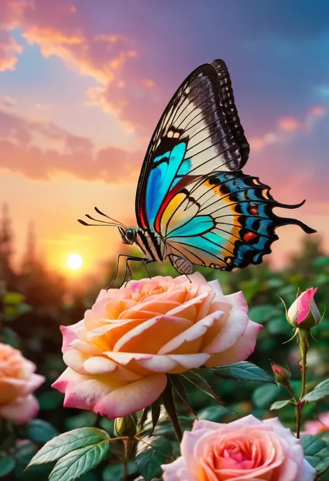 beautiful colorful butterfly is sitting on top of the blooming rose, rose garden, closeup, sunset