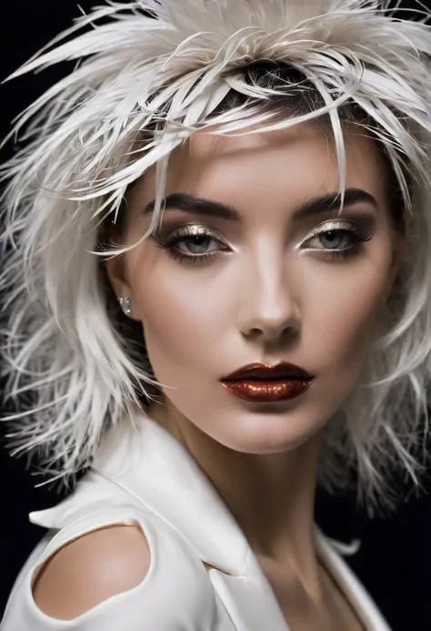 high fashion photography of (extreme closeup:1.5) beautiful photo-model as a ((fashion model)) with ((feathered cut hair)) studio, no visible clothing solid dark slight tilt eye-level angle elegant pose, (front view:1.2), shot on Olympus PEN-F with M.Zuiko 17mm f-1.8 photo by Guy Bourdin