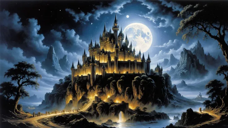 Moonlit Camelot Castle, epic magical landscape, by Luis Royo, by Boris Vallejo, fantasy painting  <lora:add_more_details:0.75>