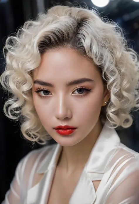 high fashion photography of (extreme closeup:1.5) beautiful photo-model as a ((fashion model)) with ((curl hair)) studio, no visible clothing indoors seated position eye-level angle elegant pose, (front view:1.2), shot on Nikon Z50 with Nikon Z DX 16-50mm f-3.5-6.3 photo by Nobuyoshi Araki