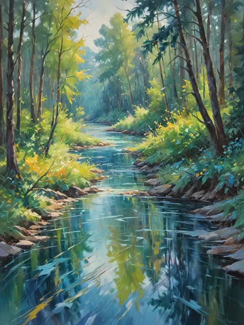 Impressionistic landscape painting. It depicts a river, trees, and mountains. Short broken brushstrokes to create a sense of movement in the water and the trees. The colors are also relatively bright and saturated.  Landscape painting in the impressionist style. Brushstrokes are loose and sketchy, creating a sense of movement and energy. Composition of the painting is balanced, with the river flowing diagonally through the center of the canvas. Limited palette of colors, mostly blues, greens, and yellows. Focus on light and shadow. ((surreal abstract art)), impressionistic oil painting, mystical and whimsical, dreamlike and magical, bold brushstrokes, pastel color palette, vivid colors, perfect rule of thirds composition, very sharp