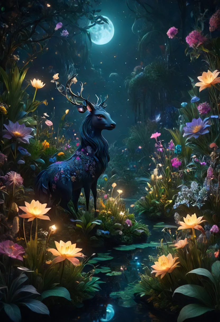 midnight whimsical landscape with magical creatures and flowers and plants, fantasy, cinematic lighting, trending on artstation, 4k, hyperrealistic