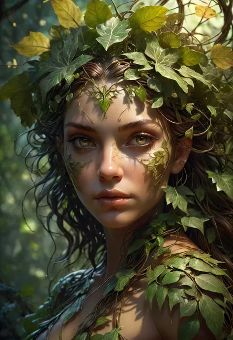 gorgeous woman with her skin made of vines and flowers, hair made of leaves, ethereal, dreamy, backlit, highly detailed, stern expression, realistic lighting, sharp focus, windswept, rule of thirds, symmetrical facial features, by artgerm, wlop, rossdraws, frank frazetta, andrei riabovitchev, trending on artstation, hd, 4 k, fantasy