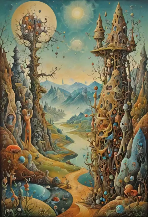 (Surrealism and Abstract Oil Painting:1.25), a human figure on a whimsical mystical landscape, art by Breton and Carrington and Dal and Ernst and Fini and Magritte and Oppenheim and Picasso, intricate details, masterpiece, very artistic, perfect composition