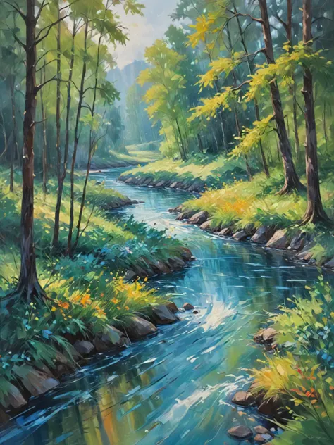 Impressionistic landscape painting. It depicts a river, trees, and mountains. Short broken brushstrokes to create a sense of movement in the water and the trees. The colors are also relatively bright and saturated.  Landscape painting in the impressionist style. Brushstrokes are loose and sketchy, creating a sense of movement and energy. Composition of the painting is balanced, with the river flowing diagonally through the center of the canvas. Limited palette of colors, mostly blues, greens, and yellows. Focus on light and shadow. ((surreal abstract art)), impressionistic oil painting, mystical and whimsical, dreamlike and magical, bold brushstrokes, pastel color palette, vivid colors, perfect rule of thirds composition, very sharp