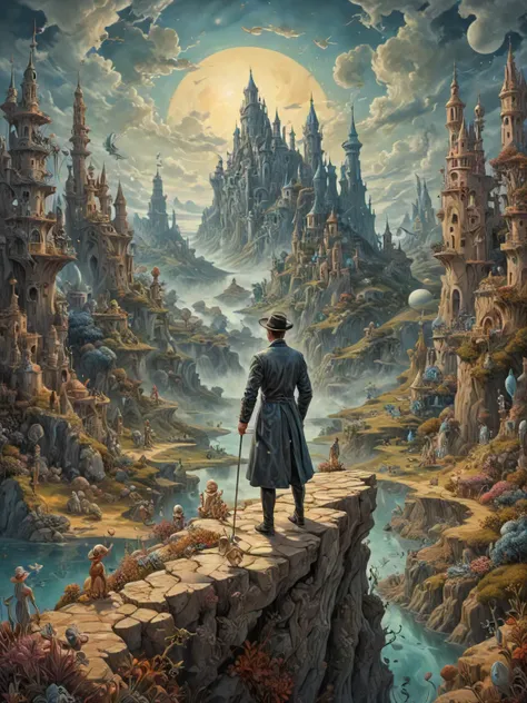 Surrealism Painting, a human figure on a whimsical mystical landscape, art by Breton and Carrington and Dal and Ernst and Fini and Magritte and Oppenheim and Picasso, intricate details,  Trending on artstation, featured on pixiv, award winning, cinematic composition, dramatic pose, sharp, details, Hyper-detailed, HD, HDR, 4K, 8K