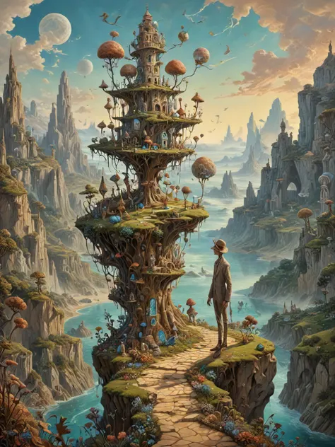 Surrealism Painting, a human figure on a whimsical mystical landscape, art by Breton and Carrington and Dal and Ernst and Fini and Magritte and Oppenheim and Picasso, intricate details, magic the gathering, gorgeous, cinematic, wide angle, extremely high detail, masterpiece, trending on artstation