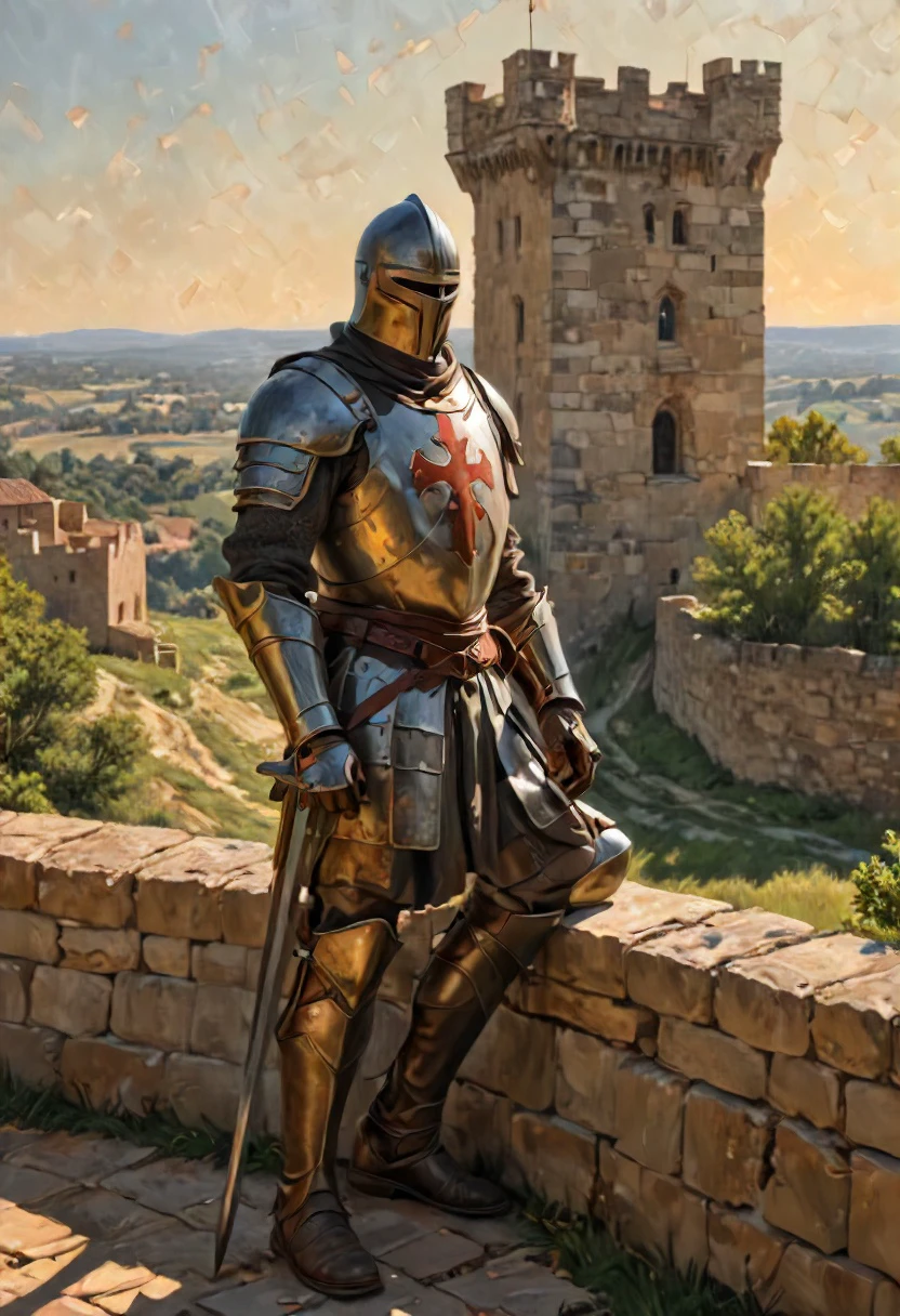 Medium: Oil on canvas, richly textured with impasto brushstrokes, evoking a sense of weathered stone and worn armor. Scene: A lone Templar Knight stands vigil on the battlements of a majestic castle. Sunlight bathes the scene in a golden glow, casting long shadows across the ramparts. Below, a rolling landscape stretches out, dotted with distant villages and winding rivers. The Knight: His polished armor gleams in the sunlight, emblazoned with the iconic Templar cross. Weathered features, etched with the lines of experience, speak of years spent in service. His gaze is fixed on the horizon, a stoic expression masking the vigilance beneath. A worn sword rests at his side, a reminder of his readiness to defend his ideals.