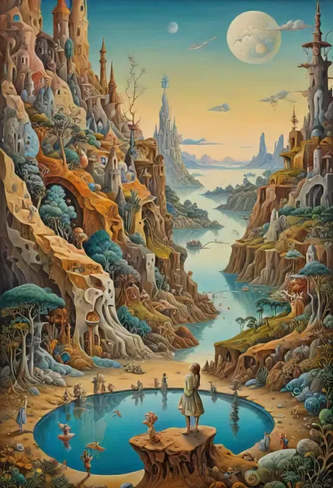 (Surrealism and Abstract Oil Painting:1.25), a human figure on a whimsical mystical landscape, art by Breton and Carrington and Dal and Ernst and Fini and Magritte and Oppenheim and Picasso, intricate details, masterpiece, very artistic, perfect composition