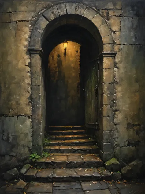 The image you sent me is a painting of a doorway leading to a tunnel. The alleyway is dark and gloomy, and the door is closed. The stairs are made of stone, and they lead up to a doorway. The style of the painting is somewhat impressionistic, with loose brushstrokes and a focus on conveying the overall mood and atmosphere of the scene. The dark and mysterious atmosphere of the scene suggests that it may be intended to evoke a sense of anticipation or suspense. The viewer is left to wonder what lies beyond the closed door, and whether the stairs lead up or down. The overall mood of the painting is one of mystery and suspense. The darkness of the tunnel and the barred window suggest that there is something dangerous or unknown lurking within. The thick stone walls and the heavy wooden door add to the sense of isolation and confinement. The painting is reminiscent of the work of Dutch Golden Age painters such as Pieter de Hooch and Johannes Vermeer. Use of light and shadow to create realistic and atmospheric scene, which helps to create a sense of mystery and intrigue. Painting of a dark and mysterious alleyway. The walls of the alleyway are made of rough stone and are covered in moss and grime. The only light in the alleyway comes from a small, flickering oil lamp that is hanging above the doorway. The doorway is made of heavy, oak wood and is painted a dark green color. The door is slightly ajar, and you can see a flight of stone steps leading down into a dark tunnel beyond. The tunnel is shrouded in darkness, and you cannot see what is at the other end. ((surreal abstract art)), impressionistic oil painting, mystical and whimsical, dreamlike and magical, bold brushstrokes, pastel color palette, vivid colors, perfect rule of thirds composition, very sharp