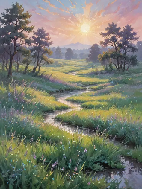 Sun-drenched meadows: Emerald blades dance in the foreground, their tips catching the golden light and shimmering like scattered emeralds. Loose, vibrant strokes suggest the gentle sway of the breeze. Distant hills: Cloaked in a hazy veil of lavender and blues, they recede into the background, their forms hinted at rather than defined. The colors blur and merge, creating an ethereal atmosphere. A meandering river: A ribbon of silver snakes through the landscape, reflecting the dappled sunlight above. Its surface shimmers with broken brushstrokes, suggesting the gentle flow of water. Scattered trees: Their leaves, painted in a riot of greens and yellows, provide pops of color against the soft background. Loose strokes suggest their rustling leaves, while the shadows beneath them are hinted at with cool, contrasting shades. The sky: Oh, the sky! A masterpiece in itself. Swirls of lavender, soft pinks, and wispy clouds painted in broken strokes capture the ever-changing dance of light and atmosphere.